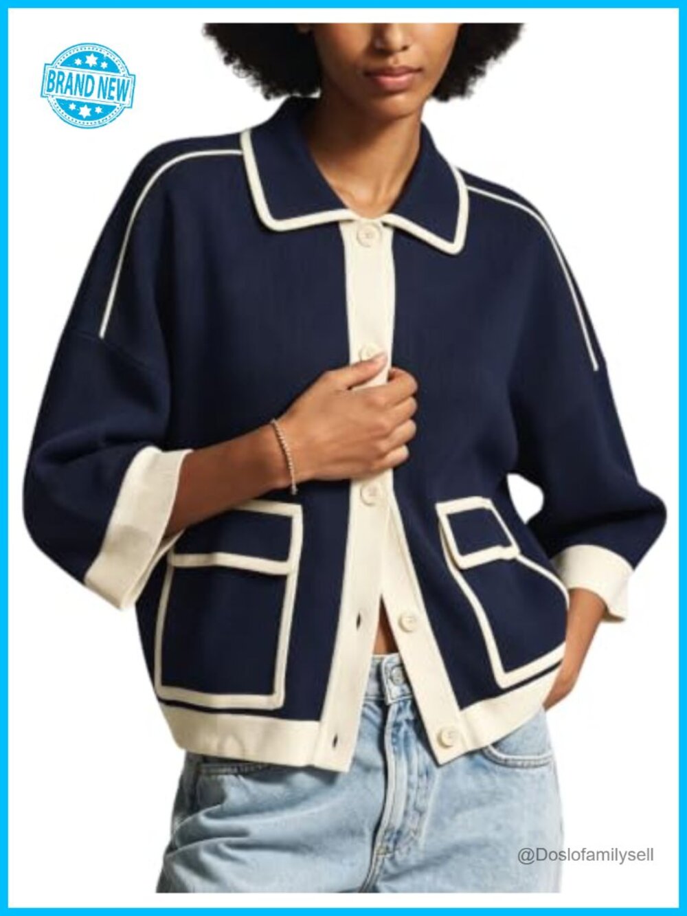 Women 3/4 Sleeve Collared Contrast Knit Cardigan Jacket Flap Pockets